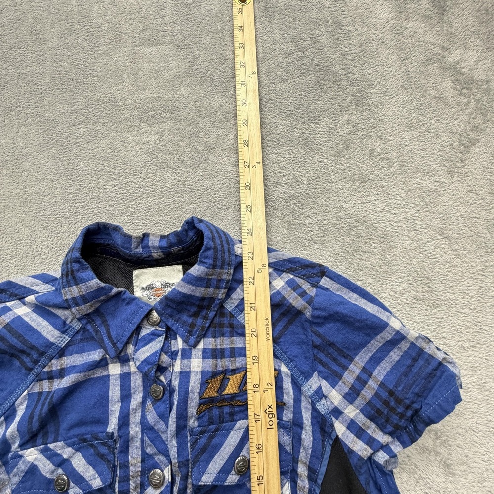 Harley-Davidson Shirt Womens M Blue Plaid Button-Up Short Sleeve Embroidered - Picture 4 of 6